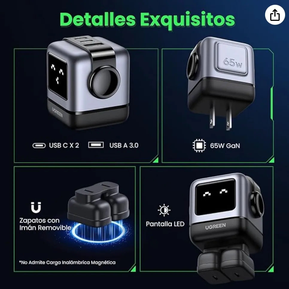 Cargador Ugreen Robot 65w Tipo C C. Rapida Black 15570 Color Negro