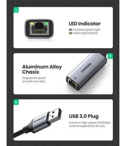Ugreen Adaptador De Red Usb 3.0 A Ethernet Rj45 Laptop Pc Color Space gray