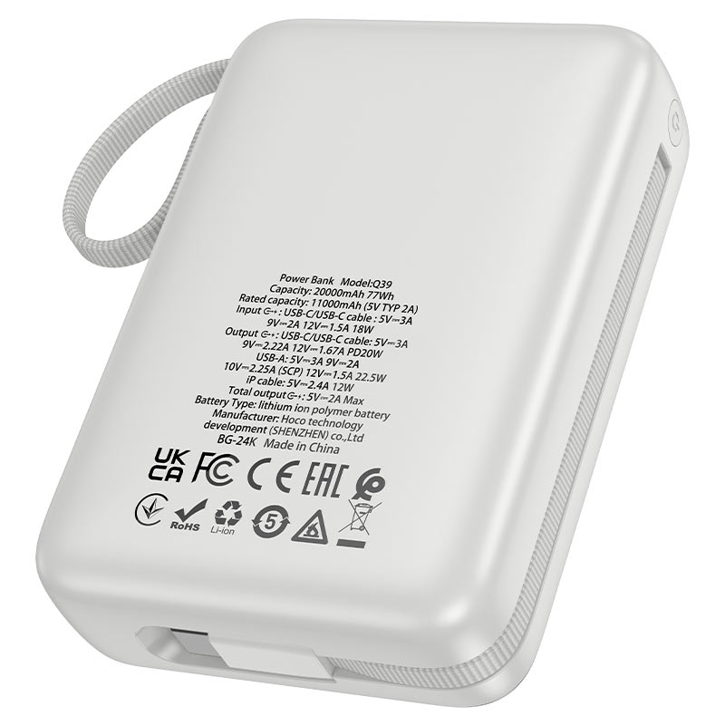 Power bank Hoco Q39 Eminente 22,5W + PD 20W con cable integrado (20 000 mAh).