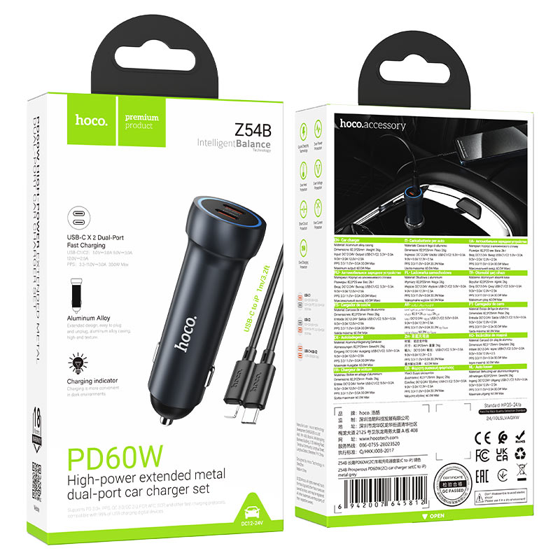 HOCO Z54B – Cargador de Auto Dual Type-C 60W (Carga Rápida)