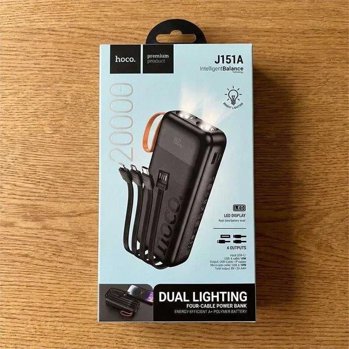 Power Bank Hoco J151A 20,000mAh con 4 Cables Integrados y Doble Linterna LED