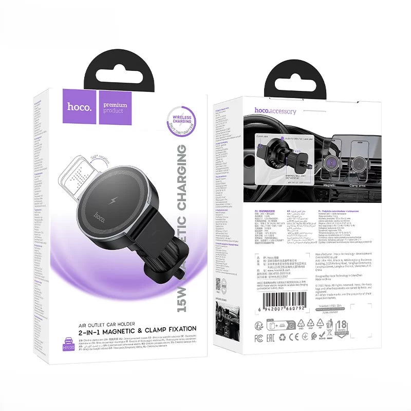 Soporte de auto Hoco HW35 magnético con carga inalámbrica rápida 15W (MagSafe)