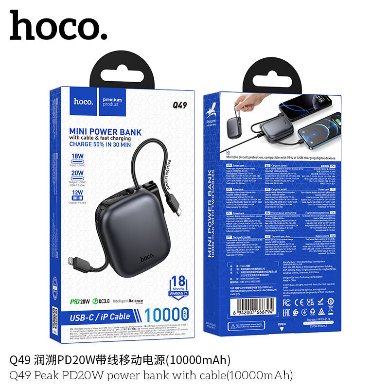 Power bank metálico Hoco Q49 Peak 10 000 mAh PD 20W con cable integrado.